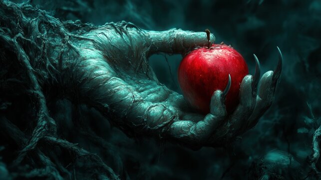 Dark clawed hand holding red apple in surreal roots