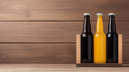 Three beer bottles in a wooden crate against a rustic wooden background. A perfect image for a brewery or bar.