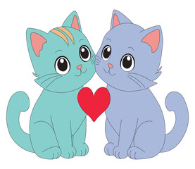 A charming cartoon illustration of a couple of adorable cats sharing a heart. cat with heart. Cartoon of Two Cats Sharing a Heart. 