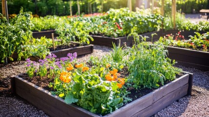 Obraz premium Vibrant vegetable garden with raised beds. Featuring a variety of vegetables and flowers. Highlighting sustainable gardening and outdoor activity. Ideal for gardening magazines.