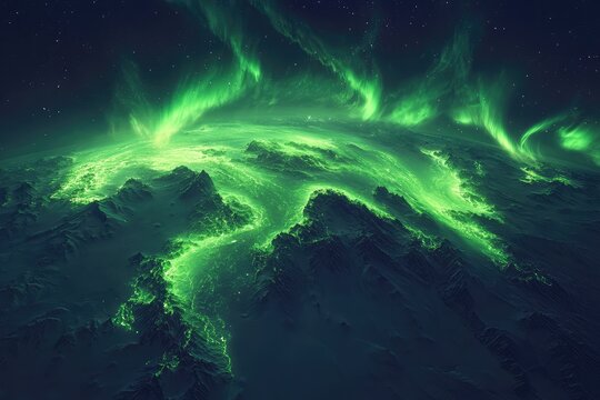 Glowing map with aurora borealis effects swirling over the polar regions