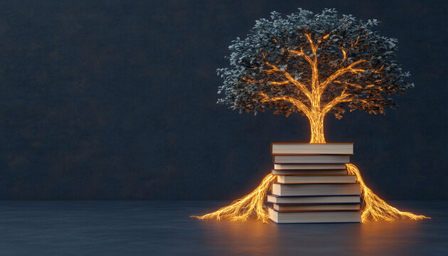 A tree with glowing roots atop stacked books on a dark background.