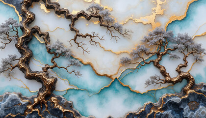 Trees in gemstones with kintsugi landscape, abstract background