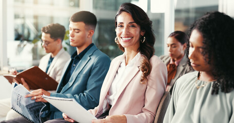 Business people, portrait and woman in documents for conference, corporate training and career...