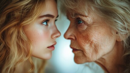 Young woman and elderly woman facing each other close up