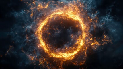 Fiery atom circle magic shiny rotation around the core on a black background 3d illustration