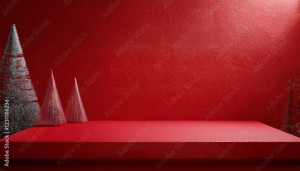 Poster red carpet with christmas tree. empty red background and stand display or shelf with studio for show