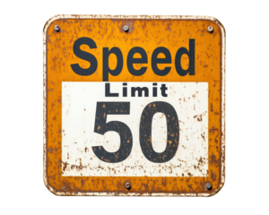 Speed limit sign with weathered design indicating limit of 50. sign features bright orange background with bold black text, conveying important traffic information