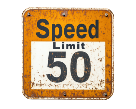 Speed limit sign with weathered design indicating limit of 50. sign features bright orange background with bold black text, conveying important traffic information