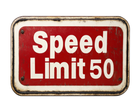 Speed limit sign with rectangular design indicating limit of 50. sign has weathered appearance, showcasing its age and use