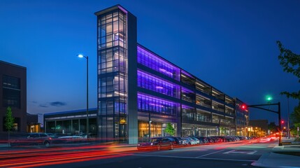 Fototapeta premium Multi-level car parking structure with modern lighting, clear signage, and a vibrant urban background