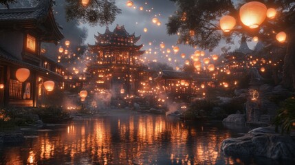 Asian Cityscape at Night with Floating Lanterns and Water Reflections