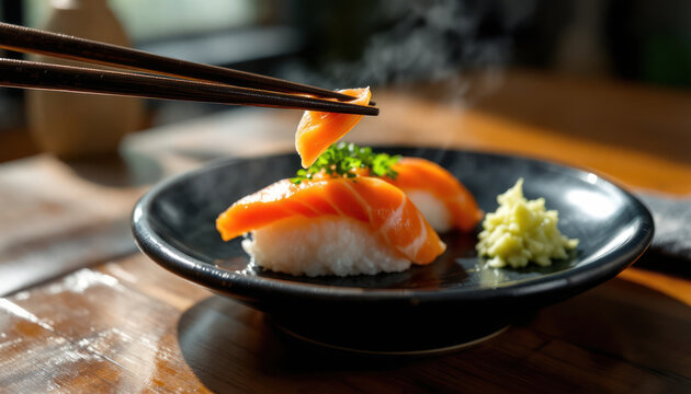 Salmon sushi nigiri being lifted with chopsticks