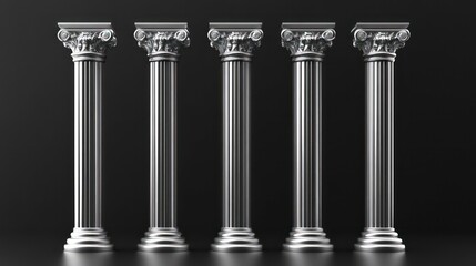 Five silver pillars against black wall background. 3d illustration