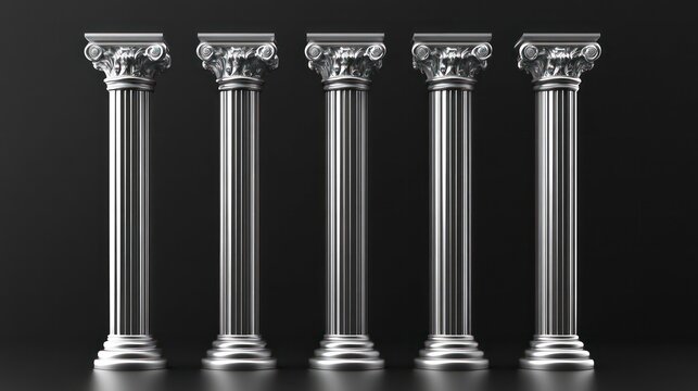 Five silver pillars against black wall background. 3d illustration