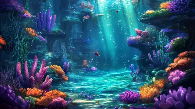 A vibrant coral habitat teeming with merfolk and aquatic life.
