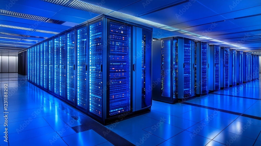 Poster rows of illuminated servers in a modern data center