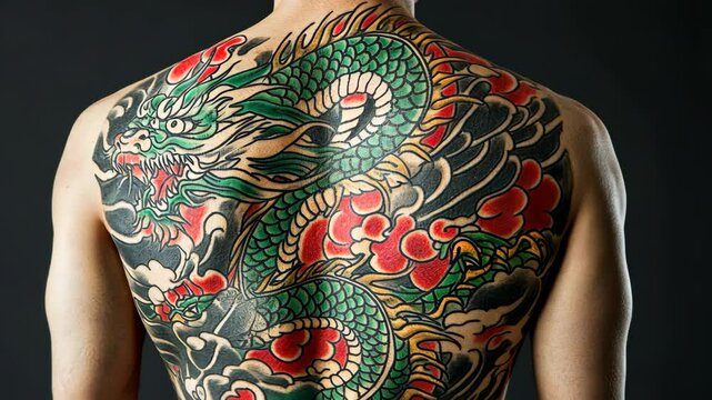 Intricate dragon tattoo adorns the back of a man showcasing artistic skill and cultural significance