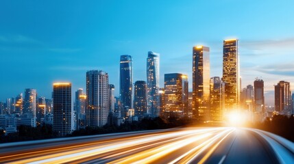 Fototapeta premium A vibrant city skyline illuminated at dusk with dynamic light trails from passing vehicles.