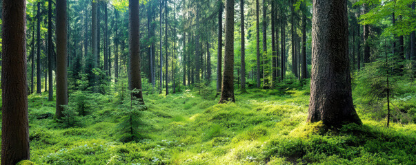 A lush green forest with a large tree in the foreground