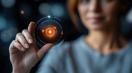 A woman holding a digital icon representing cybersecurity and data protection.