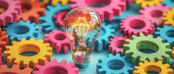 A light bulb sits amidst colorful gears, symbolizing creativity and innovation in a vibrant, imaginative setting.