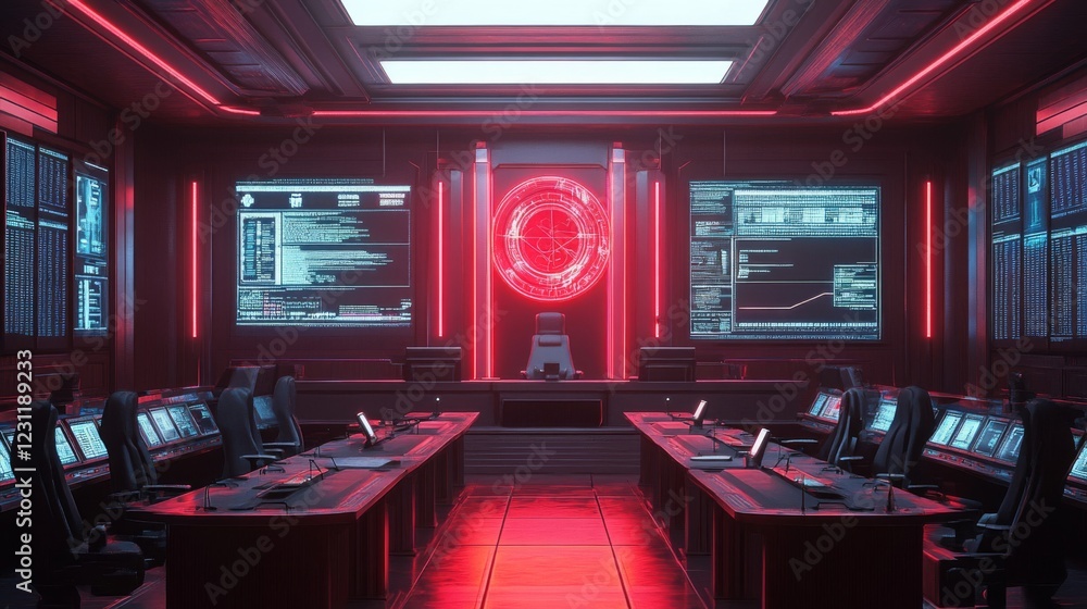 Poster futuristic red control room with glowing screens and operators