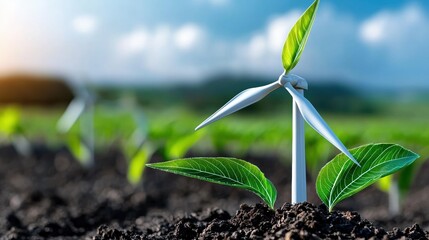 A young plant thriving in soil with a wind turbine in the background under a blue sky.