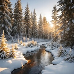 Bosque invernal de ensue&ntilde;o, suave luz del sol dorada, &aacute;rboles de hoja perenne cubiertos de nieve, arroyo congelado en la distancia.