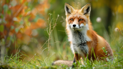 Fototapeta premium A fox is sitting in the grass, looking at the camera
