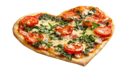 Delicious heart shaped pizza with tomatoes, basil, and pesto on transparent background