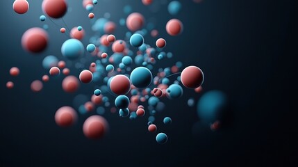 Abstract representation of atoms with red and blue spheres on a dark background.