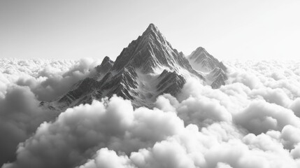 Majestic mountain peaks surrounded by clouds high altitude black and white photography nature aerial view serenity