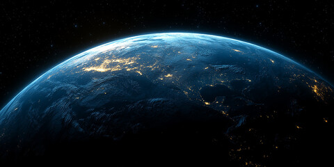 Obraz premium Earth viewed from space with city lights glowing