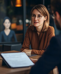 Equipo de negocios profesional realizando una entrevista en una oficina moderna, discutiendo oportunidades de carrera, reclutamiento y desarrollo profesional para el &eacute;xito corporativo