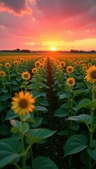 Fototapeta premium Wide shot of soybean field during sunrise or sunset under warm orange and pink hues, nature, crops, scenery