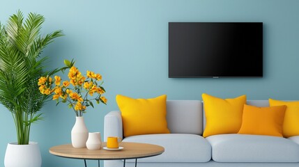 Bright and modern living room with yellow accents and green plants.
