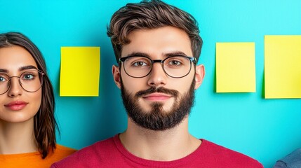 Portrait Of Three Young Adults With Yellow Sticky Notes On A Light Blue Background