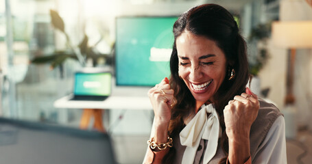 Office, excited and woman with laptop, celebration or online notification for business success....
