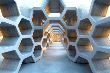 Honeycomb structures with a 3D perspective, creating a visually intricate and geometric composition with a sense of depth and repetition