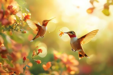 Hummingbirds feeding on nectar in a sunlit flower field, their wings a blur of vibrant energy