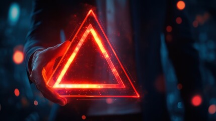 Digital Businessman Alert - Holding Glowing Red Triangle Icon in High-Tech Environment Symbolizing Caution, Error, Maintenance