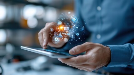 Close-up of a person using a tablet with digital graphics and data visualizations.