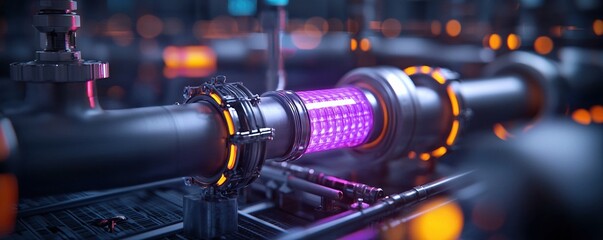 Close-up of advanced industrial pipes with vivid lights and glowing elements for technology.