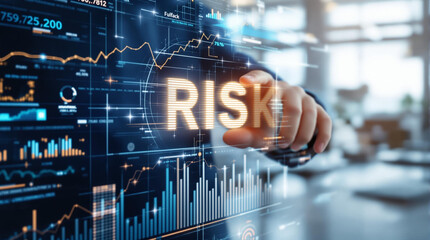 A close-up of a hand selecting the word "RISK" on a digital interface filled with financial graphs, showcasing the crucial role of risk assessment in informed business decisions.