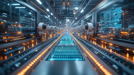 Fototapeta premium Futuristic Smart Factory: Automated Production Line with Digital Interface