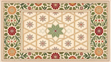 Traditional Islamic tile with green and red floral patterns, a cultural and intricate decorative mosaic design