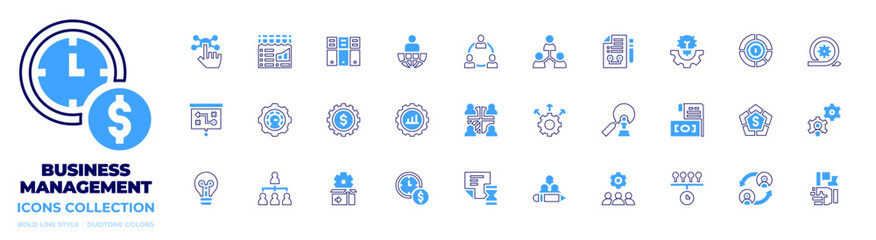 Business management icon collection. Bold line style. Duotone colors. collaboration, product, time is money, time, innovation, management, gear, strategy, optimize, program