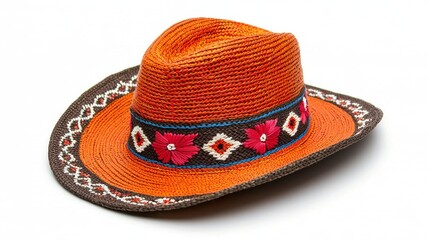 Orange Woven Straw Cowboy Hat with Embroidered Details