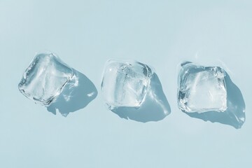 Obraz premium Three ice cubes on a light blue background.